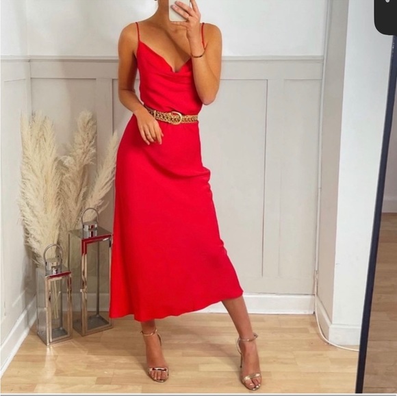 Zara bright Red Satin Effect Lingerie Style maxi Cowl Neck Dress Size XS NWT - Picture 5 of 16